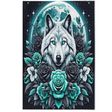 Imagem de Quebra-cabeça de flor turquesa lobo legal 500 peças para adultos arte animal bonito impressão paisagem quebra-cabeças amantes de elefantes brancos, presentes, 500 peças, 52 cm x 37,8 cm