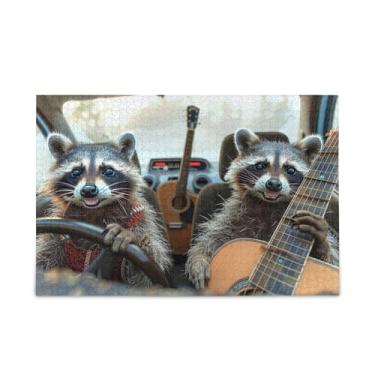 Imagem de Quebra-cabeças de madeira e papel para dirigir guaxinins de 1000 peças com bolsa de armazenamento para adultos