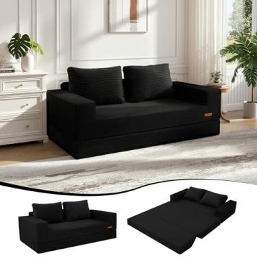Imagem de COMAX Sofá-cama Queen conversível, sofá dobrável de veludo cotelê, sofá-cama com travesseiros, sofá desdobrável e desossado, colchão confortável para sala de estar, quarto, preto