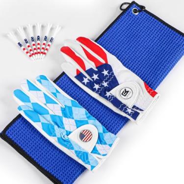 Imagem de Luvas de golfe masculinas para golfista destro, mão esquerda, pacote com 2, com 2 marcadores de bola, 1 toalha, 6 camisetas de golfe com bandeira dos EUA, 3 1/4, conjunto de luvas respiráveis de verão