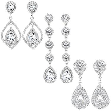 Imagem de NEWITIN 6 pares de brincos de pressão para mulheres, brincos de casamento com strass de prata, pingente de gota de cristal, brincos falsos para noivas e damas de honra