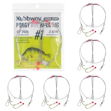 Imagem de Xubbwov Porgy Wire Hi-Lo Rig, 45.7 cm 31.8 kg Fio de aço resistente Leader, Double Drop Saltwater Bottom Rig, conta-gotas mono amarrado à mão com ganchos de isca dourados, pacote com 6, para Scup