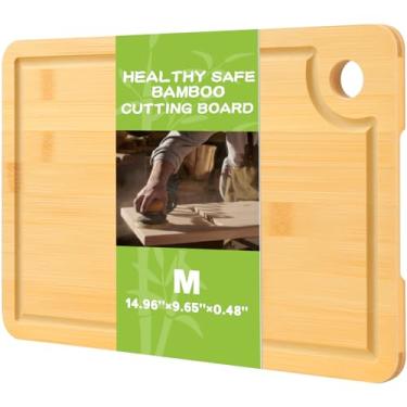 Imagem de Tábuas de corte de bambu para cozinha 37,8 cm x 24,4 cm, tábua de corte de madeira reversível com ranhura de suco e alças laterais, tábua de cortar carne e queijo, 100% bambu orgânico