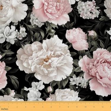Imagem de Erosebridal Tecido de flor rosa e branco por jarda, tecido de estofamento floral peônia para cadeiras de sofá, pintura a óleo, decoração interna e externa, decoração de jardim de vida selvagem, 1