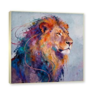 Imagem de NHLDZYH Moldura dourada. Quadro abstrato de leão - arte moderna com salpicos de cor vibrante - arte de parede energética para casa, escritório ou negócios - tela decorativa. A21. 80 x 80 cm.