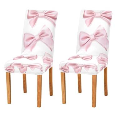 Imagem de SEHANY Conjunto de 4 capas de cadeira com laço de bolinhas rosa para sala de jantar, elástico, removível e lavável, para cozinha, hotel, festa, Natal