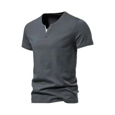Imagem de Camisas Henley masculinas de manga curta casual algodão slim fit básic