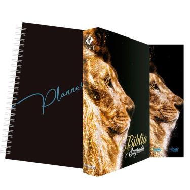 Imagem de Kit Leão Ouro - Planner Capa Lisa + Bíblia Capa Dura NVT + Marca Página
