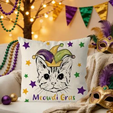 Imagem de Capas de almofada de carnaval 45,7 x 45,7 cm Meowdi Gras gato fronha flor de lis decoração para sala de estar fronha de almofada para sofá sofá