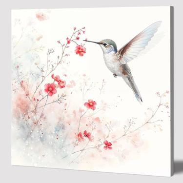 Imagem de HONGRUIFAN Arte de parede em tela de beija-flor – 30,5 x 30,5 cm aquarela pássaro e arte floral vermelha imagem de flor tela esticada decoração de parede para sala de estar, quarto, escritório