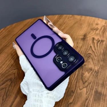 Imagem de Capa magnética de luxo fosca translúcida à prova de choque para Samsung Galaxy S25 S24 S23 Ultra Plus com carregamento sem fio, roxa escura, para Galaxy S24 Ultra.