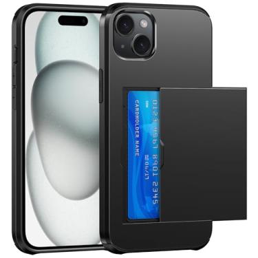 Imagem de SZSSZSM Capa carteira para iPhone 15 Plus com suporte para cartão, camada dupla, proteção de grau militar, à prova de choque, compartimento oculto para cartão, capa de telefone slim fit - preta