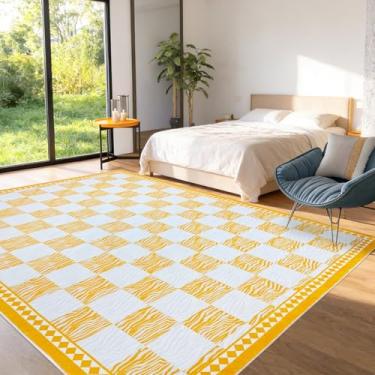 Imagem de Lacomfy Tapete quadriculado, 1,5 x 1,6 m, moderno, abstrato, zebra, búfalo, xadrez, quarto, listra chique, quadriculado, casa de fazenda, sala de estar, escritório, decoração de casa, macio