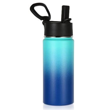 Imagem de Volhoply Garrafa de água infantil isolada com canudo, garrafas de água fria de aço inoxidável de 473 ml para escola, copos de boca larga de metal sem BPA com alça, garrafa esportiva reutilizável a