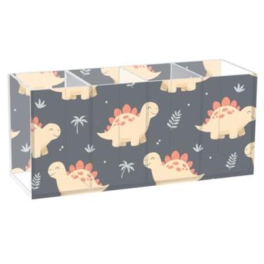 Imagem de Burbuja Dinossauros Suporte de caneta de acrílico com 4 compartimentos, suporte de lápis transparente para pincéis de maquiagem fixos, acessórios de mesa de escritório em casa
