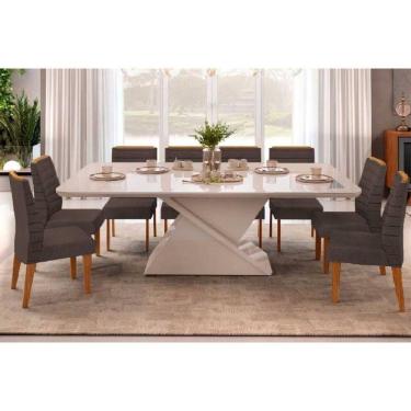 Imagem de Conjunto: Mesa Sala Jantar Zafira c/ Tampo Madeirado c/ Vidro Curvo 200x100cm e 8 Cadeiras Ondina Off White - Freijo/Suede Moca - DJ Móveis