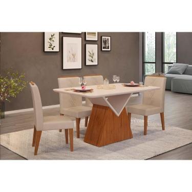 Imagem de Conjunto: Mesa de Cozinha Argo c/ Tampo Madeirado c/ Vidro Curvo 136x90cm e 4 Cadeiras Yasmin Freijo/Off White - Suede Kraft - DJ Móveis