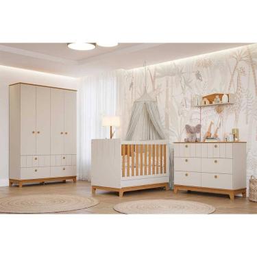 Imagem de Quarto de Bebê Completo Biscoito 3 Peças (Guarda Roupa+Berço+Cômoda) QI106 Off White/Nature - Permóbili Baby
