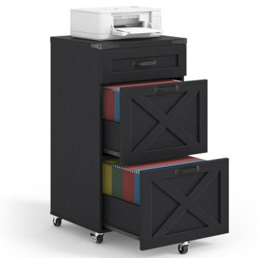 Imagem de Halitaa Armário de arquivo pequeno de 3 gavetas com rodas, armário de arquivo vertical para casa de fazenda, tamanho carta/A4, armários de arquivo rolantes, suporte de impressora de madeira para