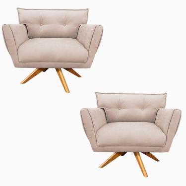 Imagem de Kit 02 Poltronas Giratória Anitta Suede Base Madeira Bege