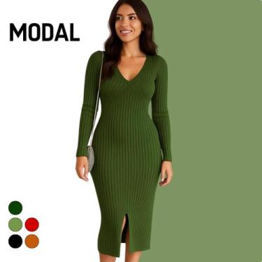 Imagem de Vestido Elegante Feminino Midi Tricot Canelado Manga Longa Casual - Vi