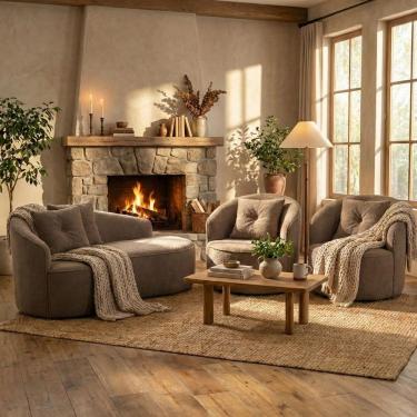 Imagem de Kit de 01 Sofá Orgânico Curvo Feijão + 02 Poltronas Confortável Sala Estúdio Amore Bouclê Cappuccino - Montanari`s Decor