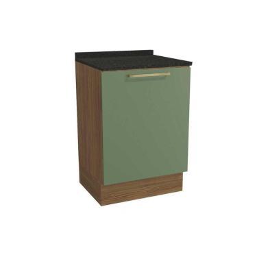 Imagem de Balcão De Cozinha Botanic M629 1 Porta 60cm C/ Tampo Nogueira/oliva/preto Brilho