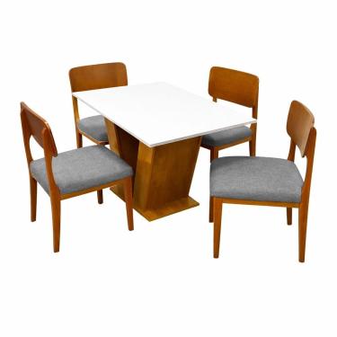 Imagem de Mesa de Jantar Classic 120x80cm com Vidro e 4 Cadeiras Barcelona em Linho Madeira Cel Móveis Cor Cinamomo Off White com Tecido Cinza