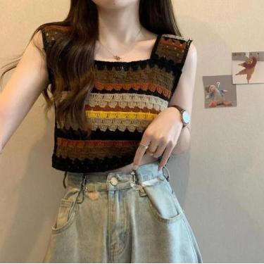 Imagem de Top Cropped Sem Mangas Em Crochê Arco-Íris Para Mulheres, Com Decote Q