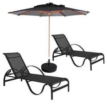 Imagem de 2 Cadeiras Piscina Espreguiçadeira Reclináveis + Ombrelon Preto - Noss