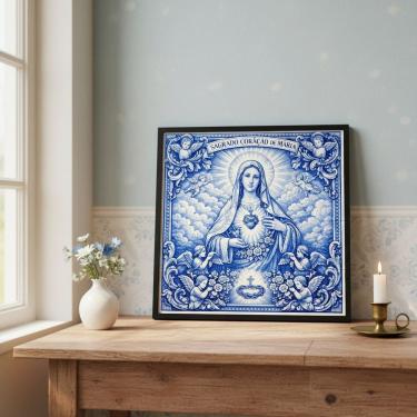 Imagem de Quadro Estilo Azulejo Sgdo. Coração Maria 33x33 Mold Preta