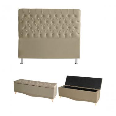 Imagem de Kit Estrela Cabeceira De Cama Box E Calçadeira Baú Pés Palito Botão Cristal Queen 160 Cm Suede Bege Do Lar Móveis
