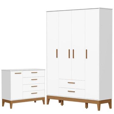 Imagem de Guarda Roupa Infantil Flip 4 Portas com Cômoda Sapateira Infantil Flip Branco Acetinado - Reller