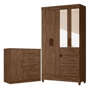 Imagem de Guarda Roupa Solteiro Sobral com Espelho e Cômoda Vênus Castanho Wood – Moval