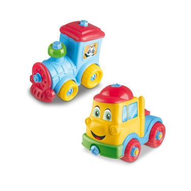 Imagem de Kit Caminhão e Trem Brinquedo Multicolorido Educativo com Formas Arredondadas Azul Lua...