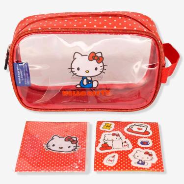 Imagem de Necessaire Hello Kitty com Adesivos em Plástico PP 14x23x6 cm Vermelho para Escola Faculdade Ou Trabalho