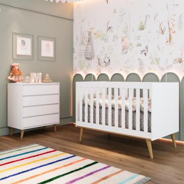 Imagem de Quarto Bebê Retrô Berço Americano 3 em 1 Ludmila Cômoda Infantil Lorena 100% MDF Branco Carolina Baby
