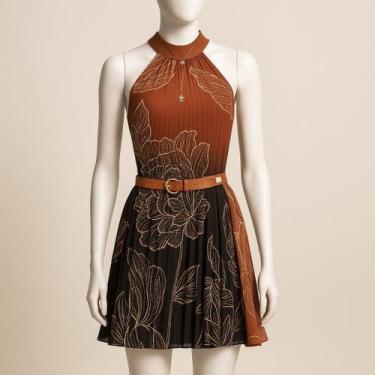 Imagem de Vestido Floral Degradê Marrom Elegante Halter Com Cinto Festa Feminino