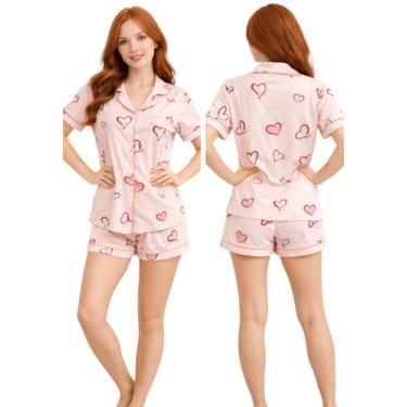 Imagem de Pijama Feminino Americano Verão Estampado Botões Short Doll Cor:RosaTa