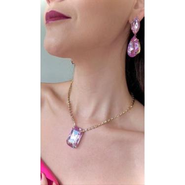 Imagem de Kit colar e brinco rosa - Vanguarda Acessórios 