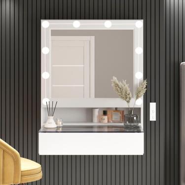 Imagem de Penteadeira Suspensa PE-130 1 Gaveta com Espelho Kit Luz LED MDP Branco Ditália Móveis 66CM