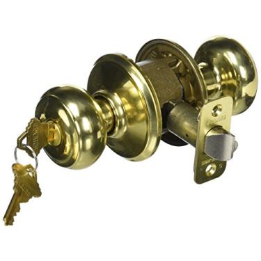 Imagem de Schlage Lock Company 043156399598 Maçaneta de porta com chave georgiana à prova de pânico, latão polido