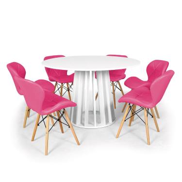 Imagem de Conjunto Mesa de Jantar Redonda Talia Branca 120cm com 6 Cadeiras Eiffel Slim - Rosa