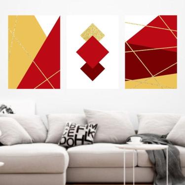 Imagem de Kit 3 Quadros Decorativos Linhas Douradas - Vermelho