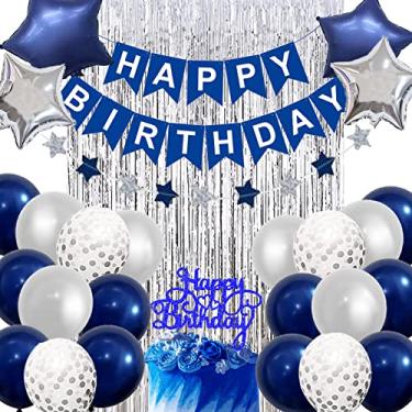 Imagem de G-LOVELY'S Navy Sliver Birthday Decorations Set with Happy Birthday Balloon Letters Banner, Confetti Balloons, Fringe Curtain, Men Women Boys Girls Navy Blue Silver Birthday Party Supplies