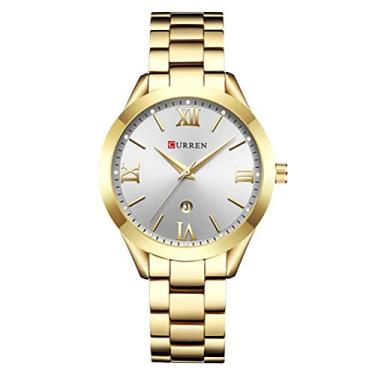 Imagem de Relógio feminino analógico de quartzo à prova d'água para mulheres, relógio de pulso feminino unissex simples e casual com pulseira de aço inoxidável, presente, gold white