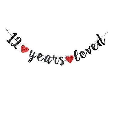 Imagem de Placa de papel preta de 12 anos amada para meninos/meninas, artigos de festa de aniversário de 12 anos, decorações de festa de aniversário de casamento de 12 anos