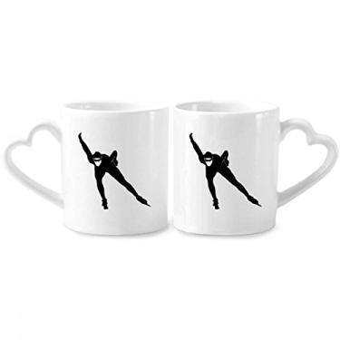 Imagem de Conjunto de canecas de porcelana para casais, contorno preto, para patinação, esportes, de inverno, com coração