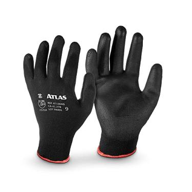 Imagem de Atlas - Luva de Segurança em Malha de Poliéster e Nylon, com Banho de Poliuretano (PU) Antiderrapante na Palma e nos Dedos, Punho Elástico, Tamanho EG, Cor Preta