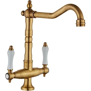 Imagem de LIDON Torneira de banheiro de latão retrô, alça dupla, torneira de pia de banheiro de latão antigo 1 furo, torneira de pia de latão alta do banheiro, torneiras do banheiro preto, antigo (cor: antigo)